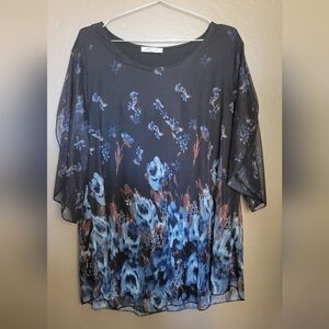 SeSe Code Black Floral Print Chiffon Blouse with 3/4 Sleeves